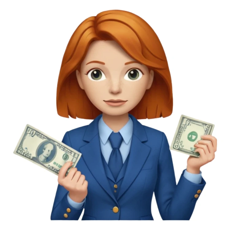ginger hair Woman wearing blue suit holding dolar sticker