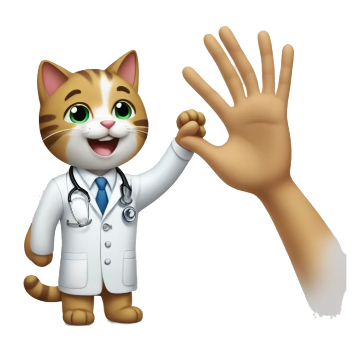 happy cat giving a veterinarian a high five sticker