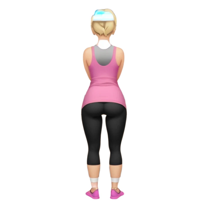 Render from knees up, view from the back, fair skinned woman, curvy, short blond hair, small reading glasses, cooking dinner in kitchen, pink loose tank top, showing natural B cup breast shape SFW, black yoga pants, large curvy booty sticker