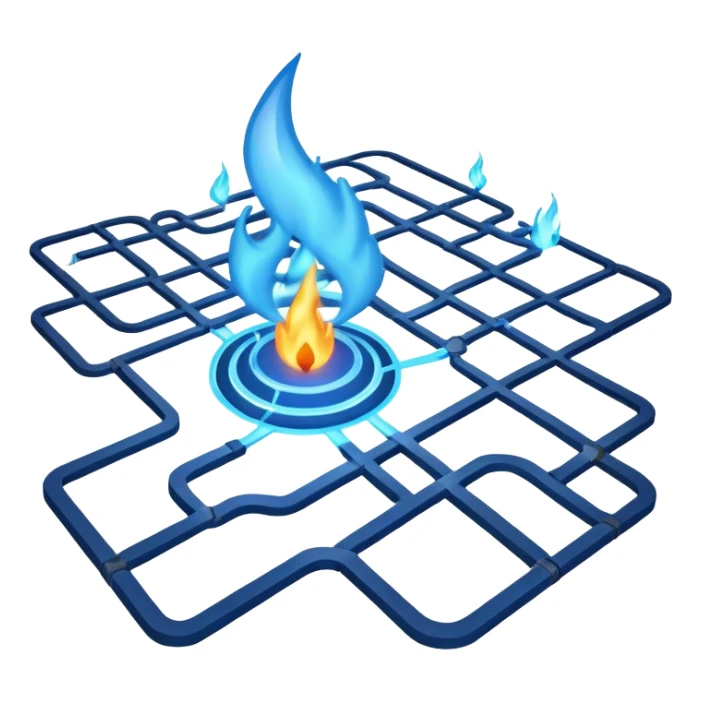 a map with a glowing blue flame on the x and networking paths sticker