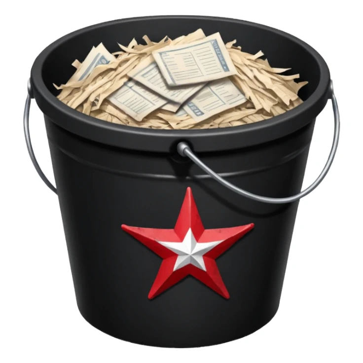 black bucket no handles, shredded paper inside, red texas on front sticker