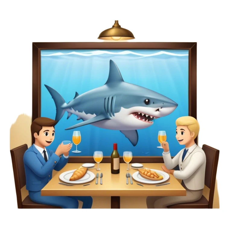 Shark eating at a restaurant, with humans sticker