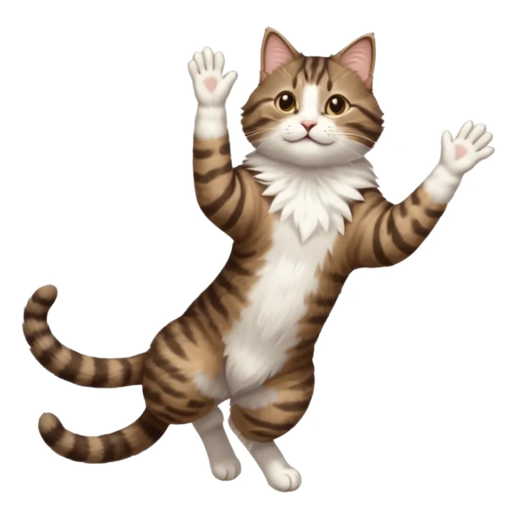 dark brown tabby and white cat with doing a big extremely long stretch reaching up into the air with arms and legs side by side together straight and overextended whilst lying on its side sticker