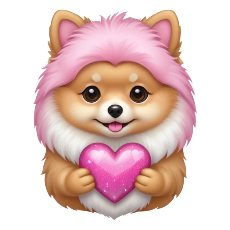 A Pomeranian holding a pink sparkling heart sticker