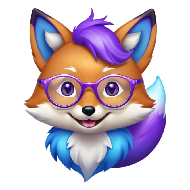 A magical fox with shimmering purple and blue fur, a glowing tail, a silver star on its forehead, and round glasses, laughing so hard that tears are streaming from its eyes sticker