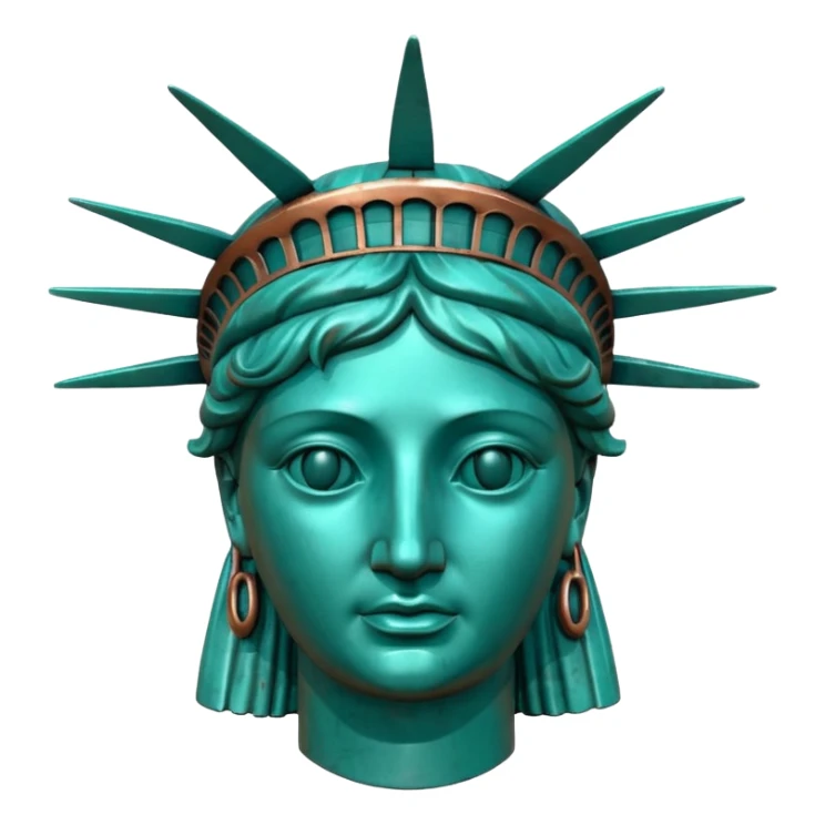 3D render of Statue of Liberty Head, heavily oxidized copper texture, verdigris patina, Classic teal copper texture, weathered bronze aesthetic, ancient decay, Apple emoji style, isolated on white background --v 6.0. sticker