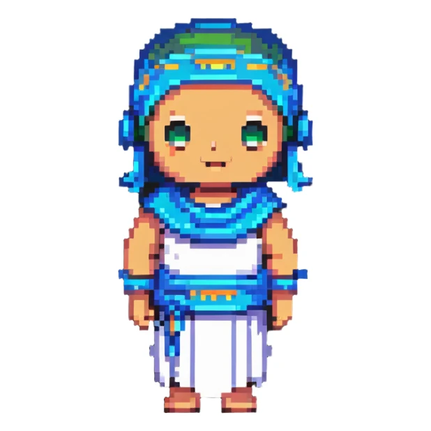 Greek chatbot wearing a toga with a digital screen face in pixel art style sticker
