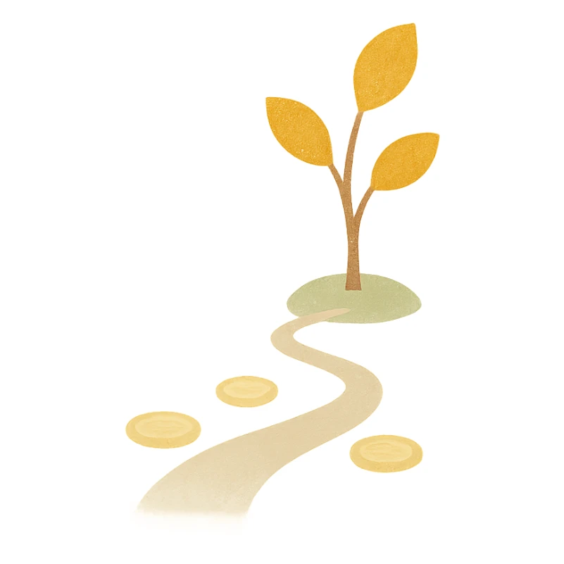gentle, artistic, minimalist avatar with warm soft colors beige, light brown, green, pale yellow, abstract journey of growing wealth with small tree with golden leaves, path with subtle coin motifs, no text, square format sticker