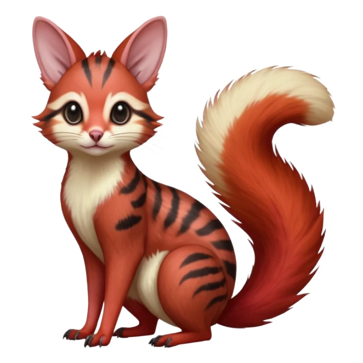  hyper-realistic sanguine-red-streaked natural realistic divine beautiful elegant pretty precious cute young youthful  Fakémon-Pokémon-alien-opossum-squirrel-feline-serval-caracal-chinchilla-Minccino-hybrid-creature with a big fluffy bushy tail (full body) sticker
