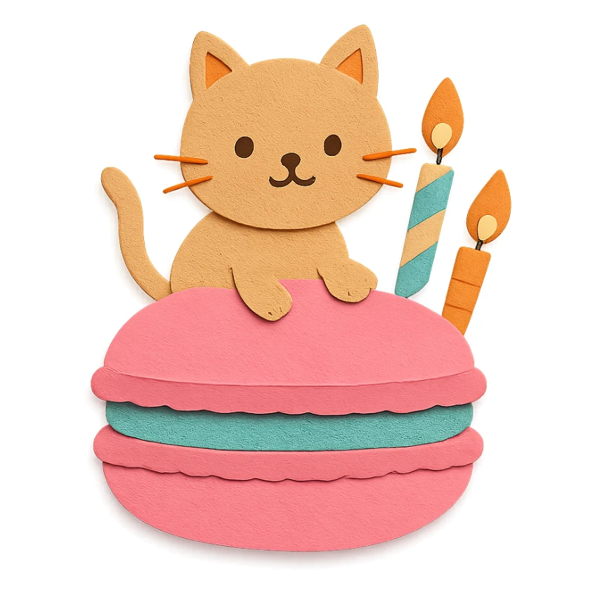 kitten riding giant macaron with candles, paper-craft style sticker