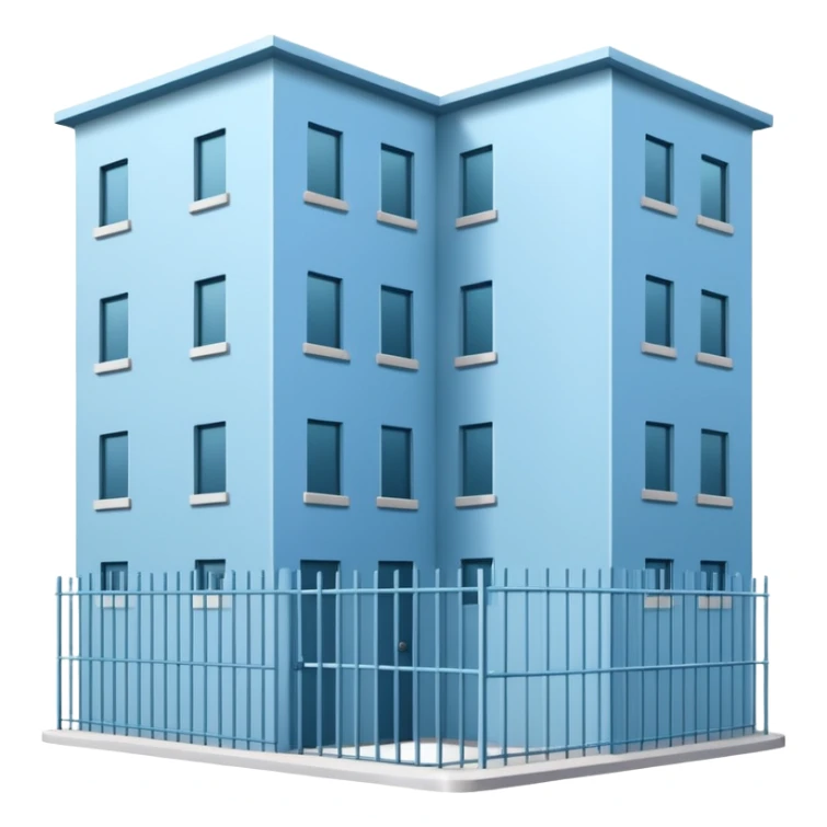 light blue rectangular 9-story apartment building surrounded by fence, closed courtyard, minimal flat vector icon, friendly clean design sticker