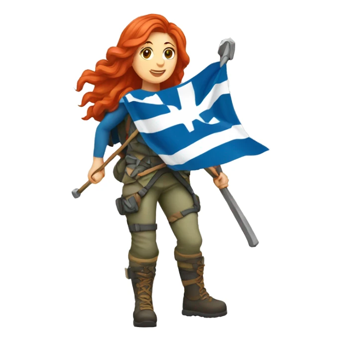 a red hair female mountaineer summitting with greek flag sticker