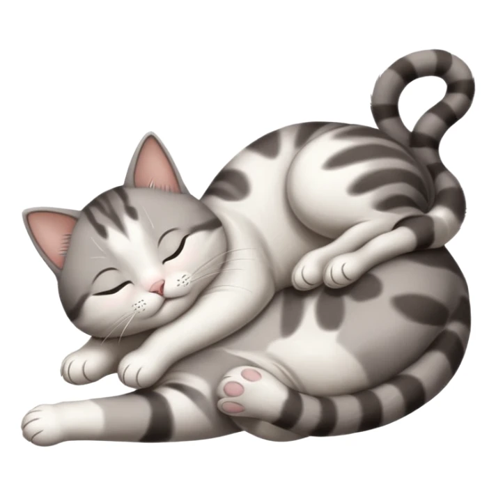 grey and white small cat with eyes closed lying down upside down with paws stretched out straight vertically  sticker