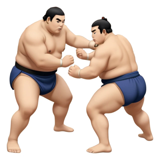 Two sumo wrestlers in a classic dohyo ring, each displaying powerful stances and ready to engage in a fierce match. One wrestler attempts a pushing attack, while the other counters with a thrust. The background shows the traditional sumo arena and spectators. Transparent background. sticker