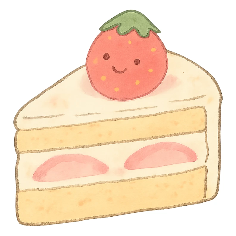 kawaii strawberry cake slice, soft pastel Japanese hand-drawn style, full object, transparent background sticker