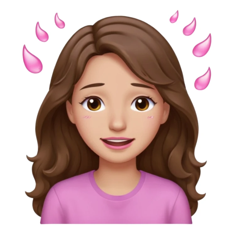 girl with wavy long brown hair, brown eyes, light to medium complexion, long lashes, light pink lipstick, wearing light pink shirt, smiling, crying with big pink tears coming down the face sticker