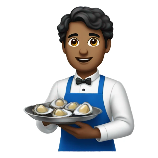 a waiter with black hair in a blue apron holds oysters sticker