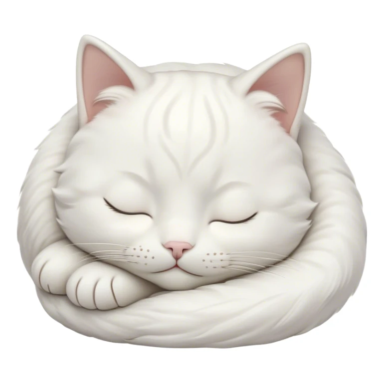 Meme-Worthy Cute Sleeping White Cat Portrait Emoji, Head peacefully tilted with a tender, contented smile and eyes gently closed in serene slumber, featuring a pristine white fur with subtle, delicate silver accents, simplified yet irresistibly adorable, highly detailed, glowing with a soft, drowsy radiance, high shine, exuding calm, heartwarming charm, styled with a gentle, soft glowing outline, capturing the essence of a sleeping white cat that seems destined to become the next viral icon of adorable repose! sticker