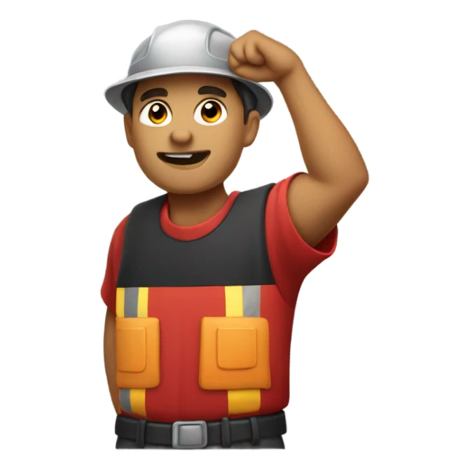Miner in a red shirt and black hat with his right arm up sticker