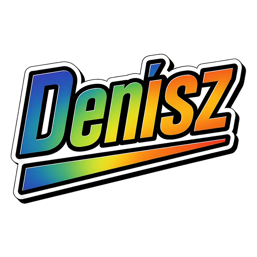 Denisz name in masculine, modern gradient font with precise Hungarian characters, dark outline, extra thick, prominent white letter border, dynamic slanted underline, rainbow gradient colors, 1000x1000 px, PNG, transparent background sticker