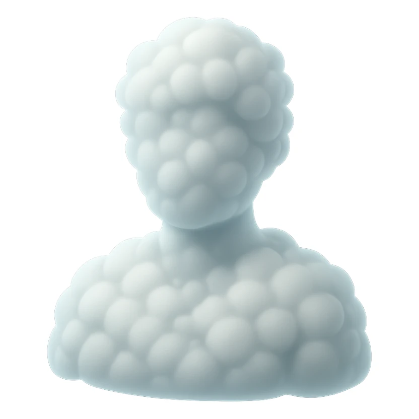 a person facing forward, visible to the shoulders, entirely made of fluffy, raised, pure white clouds, in matte glass style sticker