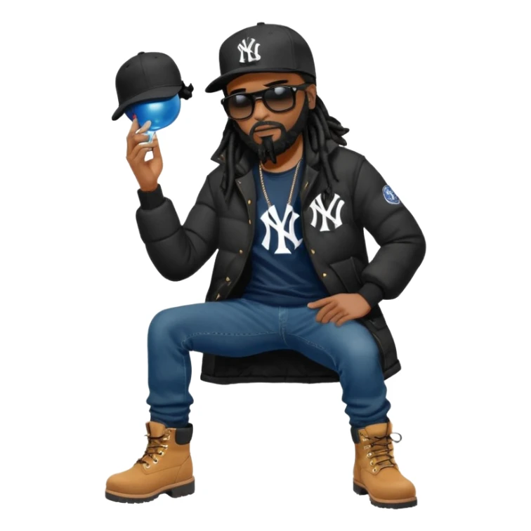 African American man with shoulder length black dreadlocks with black beard wearing black sunglasses wearing a black New York Yankees logo baseball cap wearing a black bubble winter coat wearing denim skinny jeans and timberland boots tying up his shoes sticker