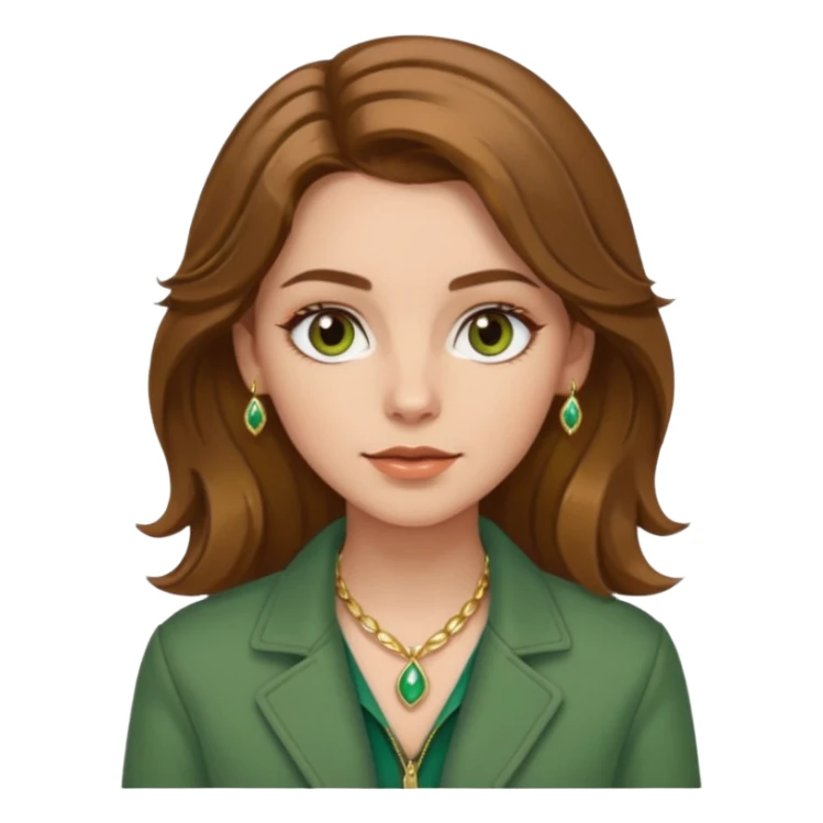 White girl with hazel Brown eyes Brown and slighly wavy medium hair. Make her with a green jacket and gold jewlery.  sticker