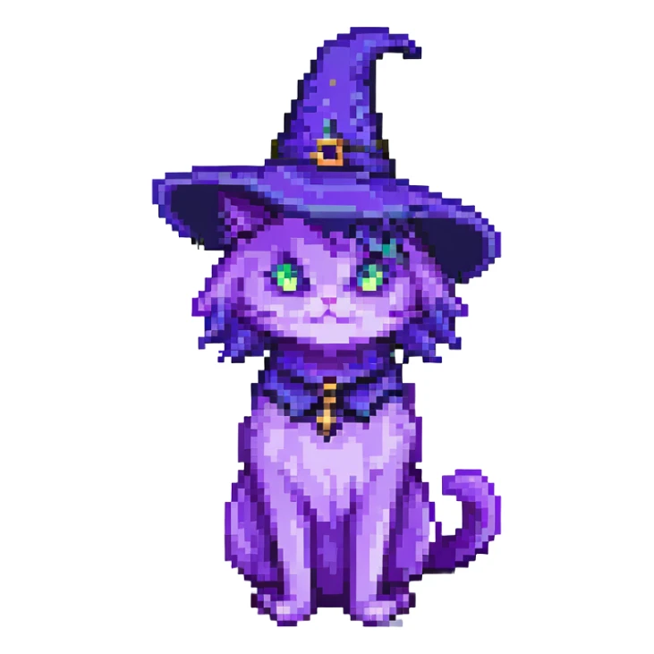 purple witch cat, pixel art style, full body, facing forward sticker