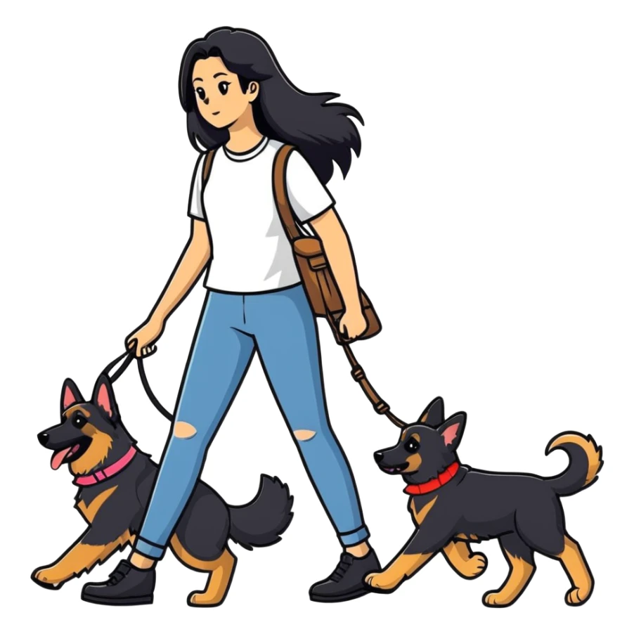 girl with long black hair walking a German Shepherd sticker
