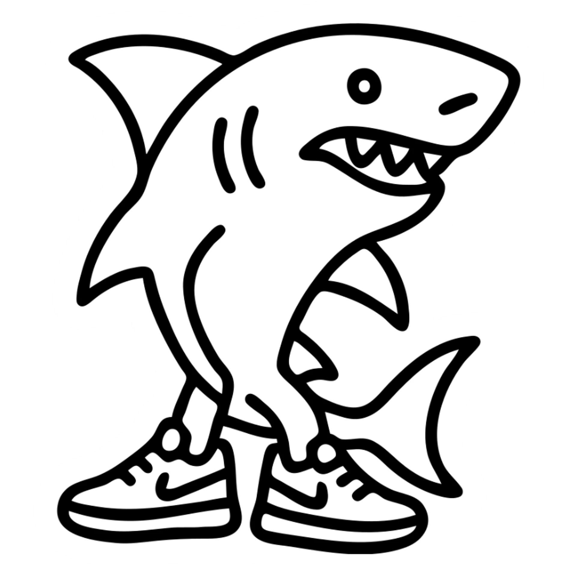 a cartoon shark with blue Nike sneakers, outlined icon style sticker