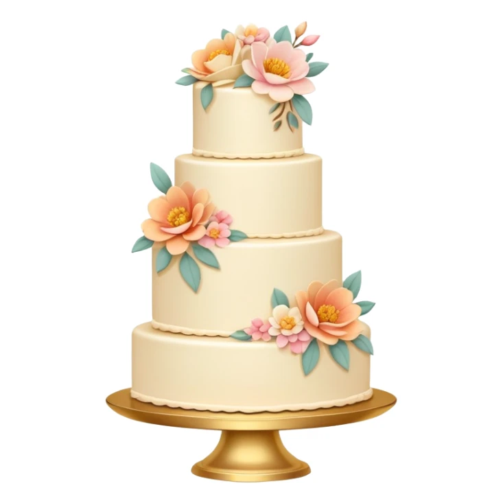 Romantic pastel wedding cake with warm-colored flowers on a gold plate sticker