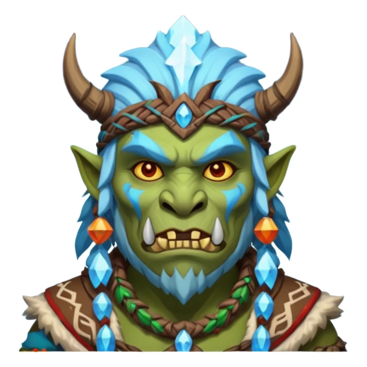 Fantasy Christmas orc shaman icon, ice spirit magic theme, glowing runes, winter tribal mask elements, mystical cold atmosphere, emoji sized portrait, male/female variant sticker