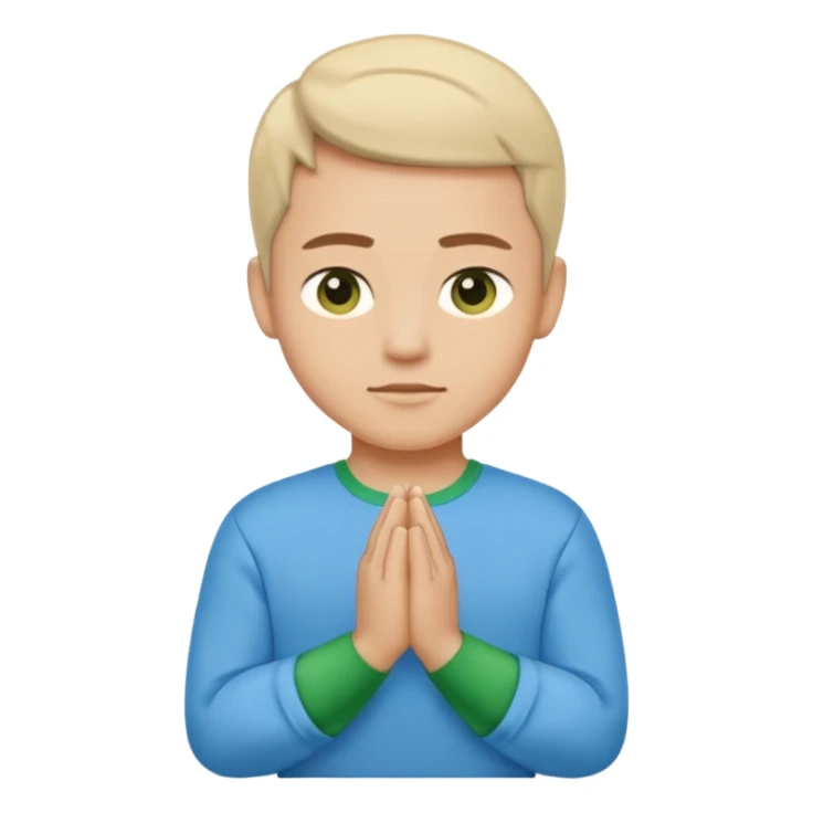 Create an iOS-style emoji of the folded hands "🙏🏻". The shirt should be split in half, with the left side blue and the right side green. Keep the skin tone light, same as the original emoji, and the background plain white. Clean, minimal, and consistent with iOS emoji design. sticker