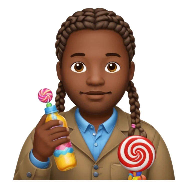 Big black man with braids hold a bottle and a lollipop sticker