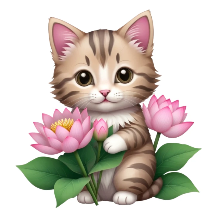Kitten holding a bouquet of lotus flowers sticker