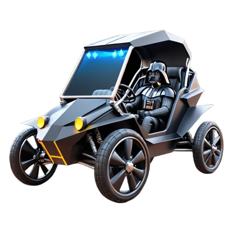 Mad max survival apocalypse ghostly sporty Darth Vader’s Batman-armored 1876 black graphite colored enclosed twin seat town buggy with horizontal holographic 3d stars painted on the body sides and neon under glow  sticker