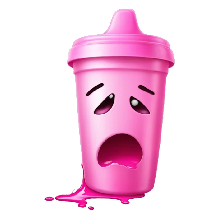 A spilled sippy cup with pink liquid, a twisted reflection of a face, representing confusion and emotional manipulation. sticker