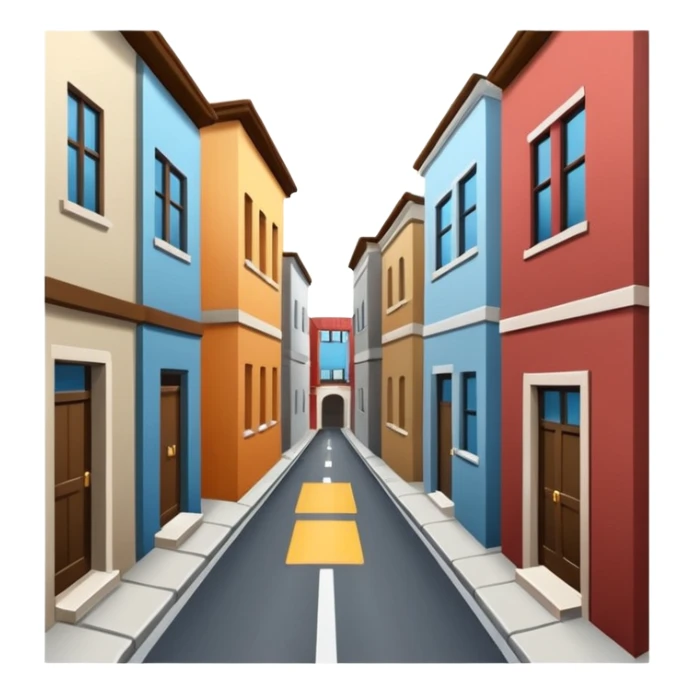 narrow alleyway with simple building design and emphasized road, no background sticker