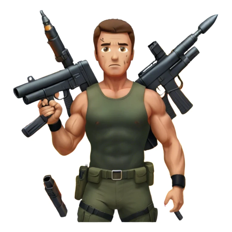 Icon for Action Movies: Close-up collage featuring Schwarzenegger in 'Commando' and  Stallone in 'Rambo', in bold poses. Background includes explosions, rockets flying, and machine guns. The style is reminiscent of a cinematic movie poster with intense, dramatic colors. Transparent background. sticker