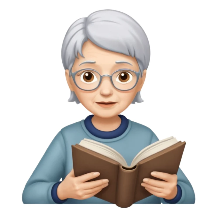 elderly woman with silver hair, reading a book, simple and expressive sticker