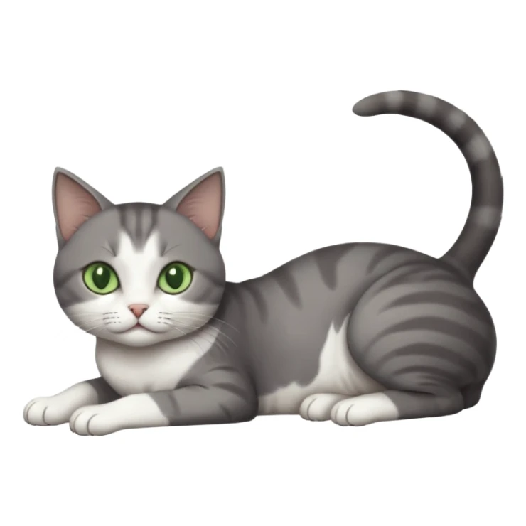full body tiny short hair dark grey and white cat with white front legs and green  eyes lying down sticker