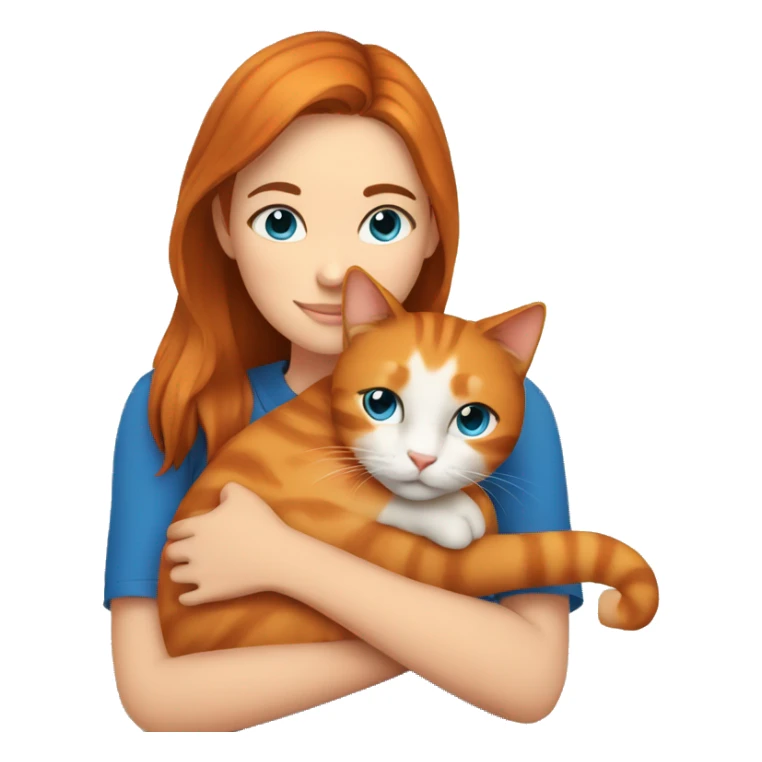 Young women with brown hair and blue eyes hugging an orange cat sticker