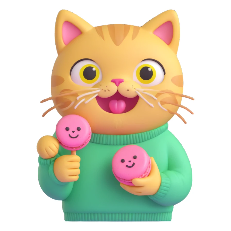 cute cat with big eyes, wearing a green sweater with yellow smiley faces, holding a pink macaron, soft and shiny, inspired by Apple emoji aesthetics, 3D iOS style emoji, variation 4 sticker