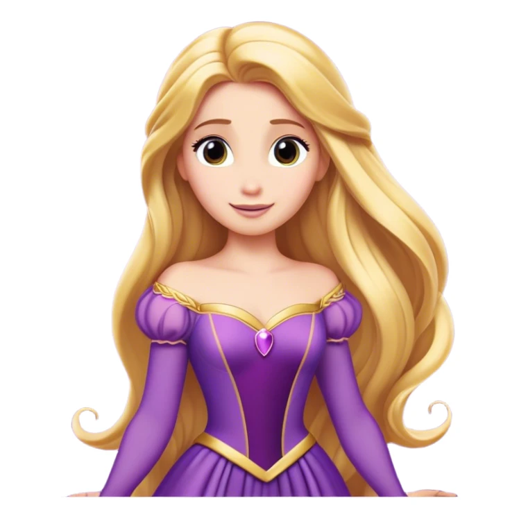 Cinematic Majestic Rapunzel Portrait Emoji, rendered in a clean, vector-style with bold, simplified shapes. Show Rapunzel with a serene, graceful expression, luminous fair skin, and elegantly styled long golden hair, accented by her classic purple gown. The design radiates a majestic, dreamlike glow with high shine and a soft glowing outline, embodying regal beauty. sticker