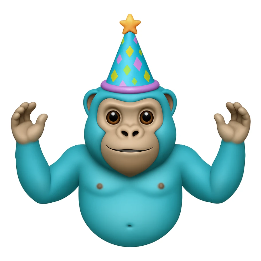 Make sure the cyan gorilla with a party hat has no legs, keep the background transparent. Maintain the original style and details of the image. sticker