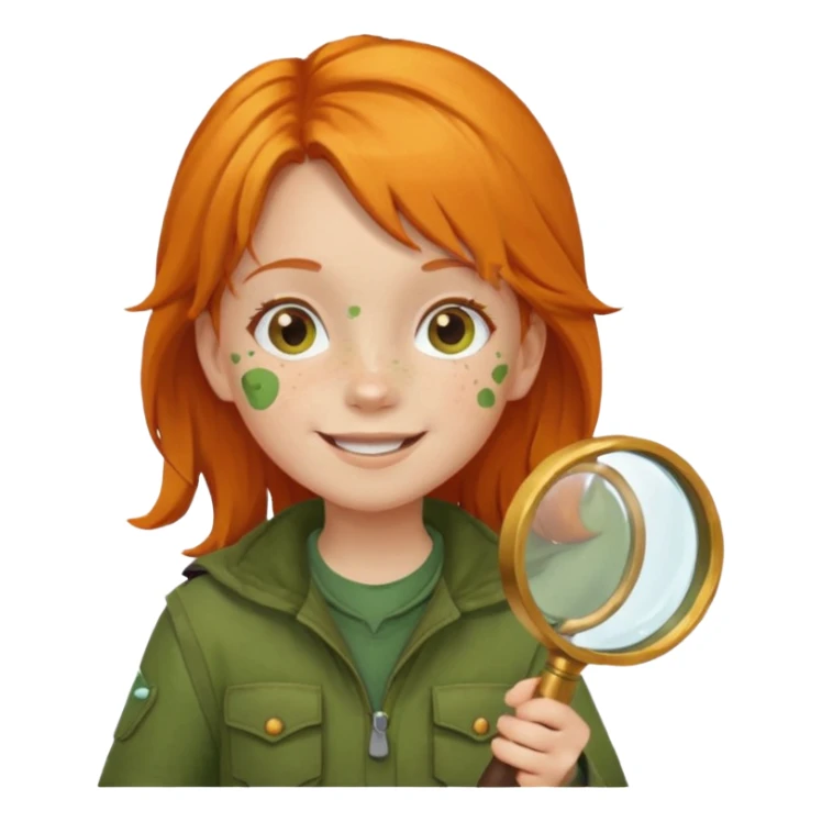braid orange haired girl kid in moss green explorer outfit, holding magnifying glass, smile sticker