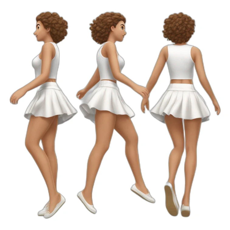 Hyperrealistic Full body Caucasian curvy beauty jumping short white skirt back and front views strong wind sticker