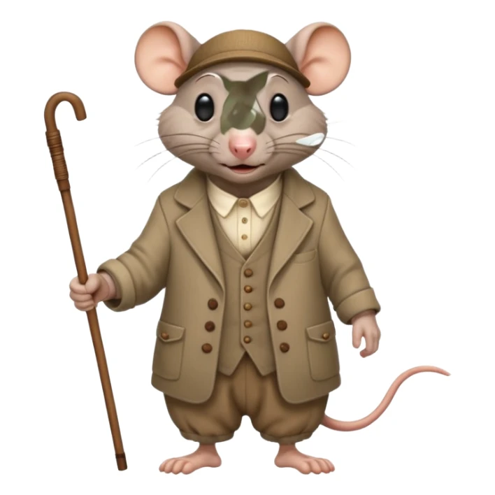 Old rat with wrinkles, happy, with old clothes and a cane  sticker