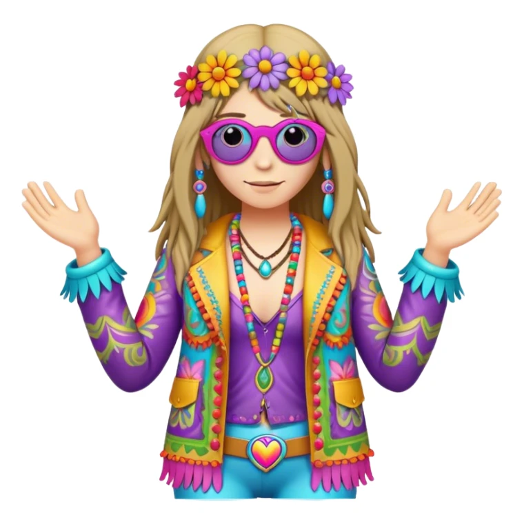 3D, psychedelic colored hippie wearing hip huggers and a fringed jacket with flower border sticker