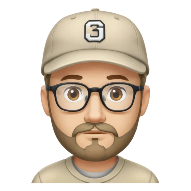 adventurer with goatee beard (no beard on cheeks), short hair, glasses and backwards baseball cap sticker